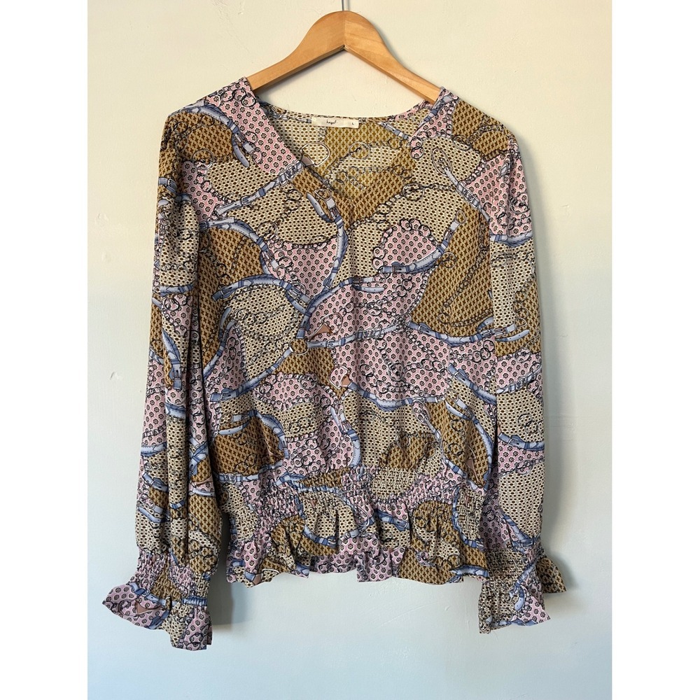 Hazel Chain Belt Print Smocked Waist Peplum Blouse Mustard Pink Large chic boho
